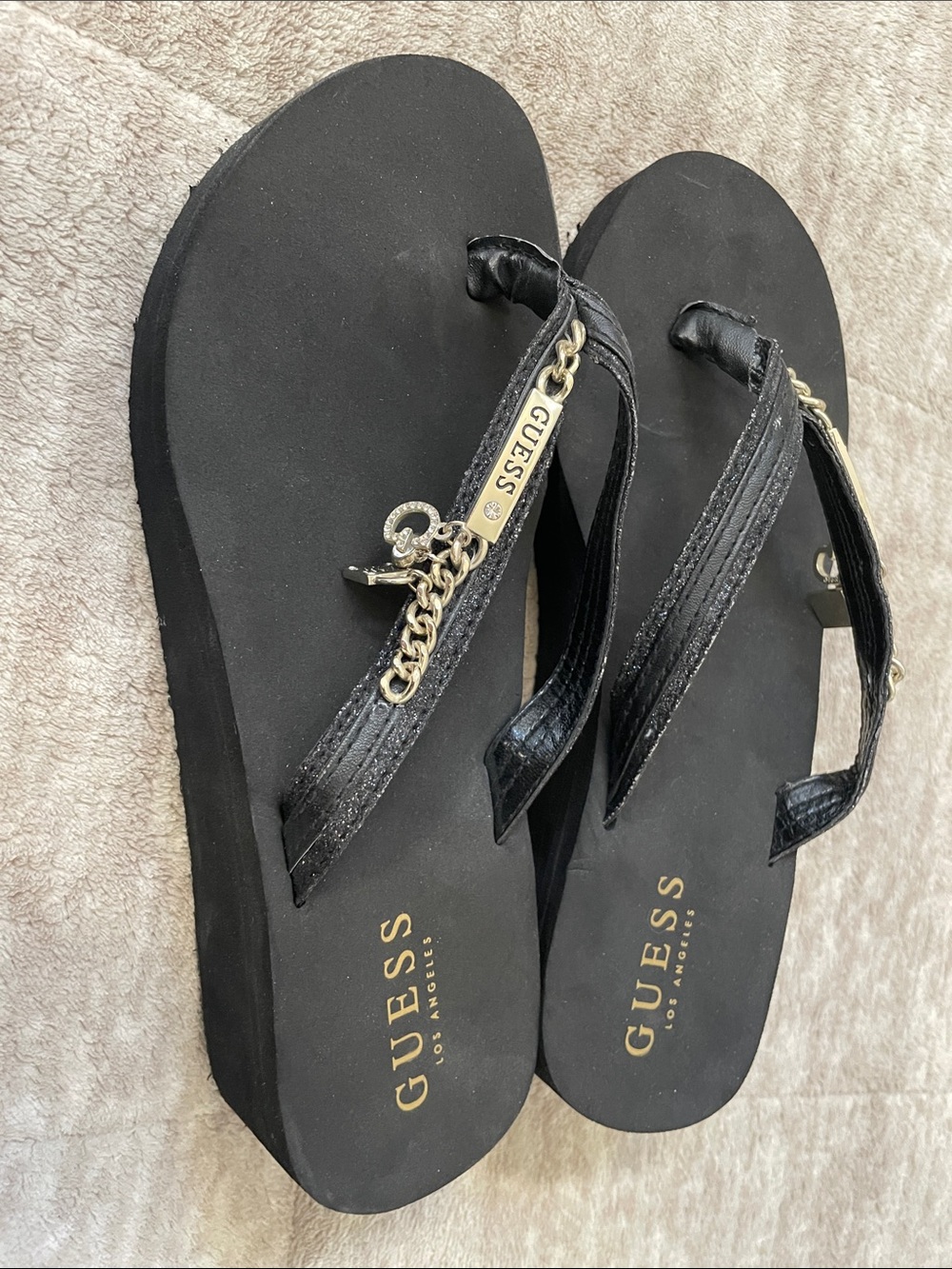 GUESS Black Platform Flip-Flops with Gold Chain Detail